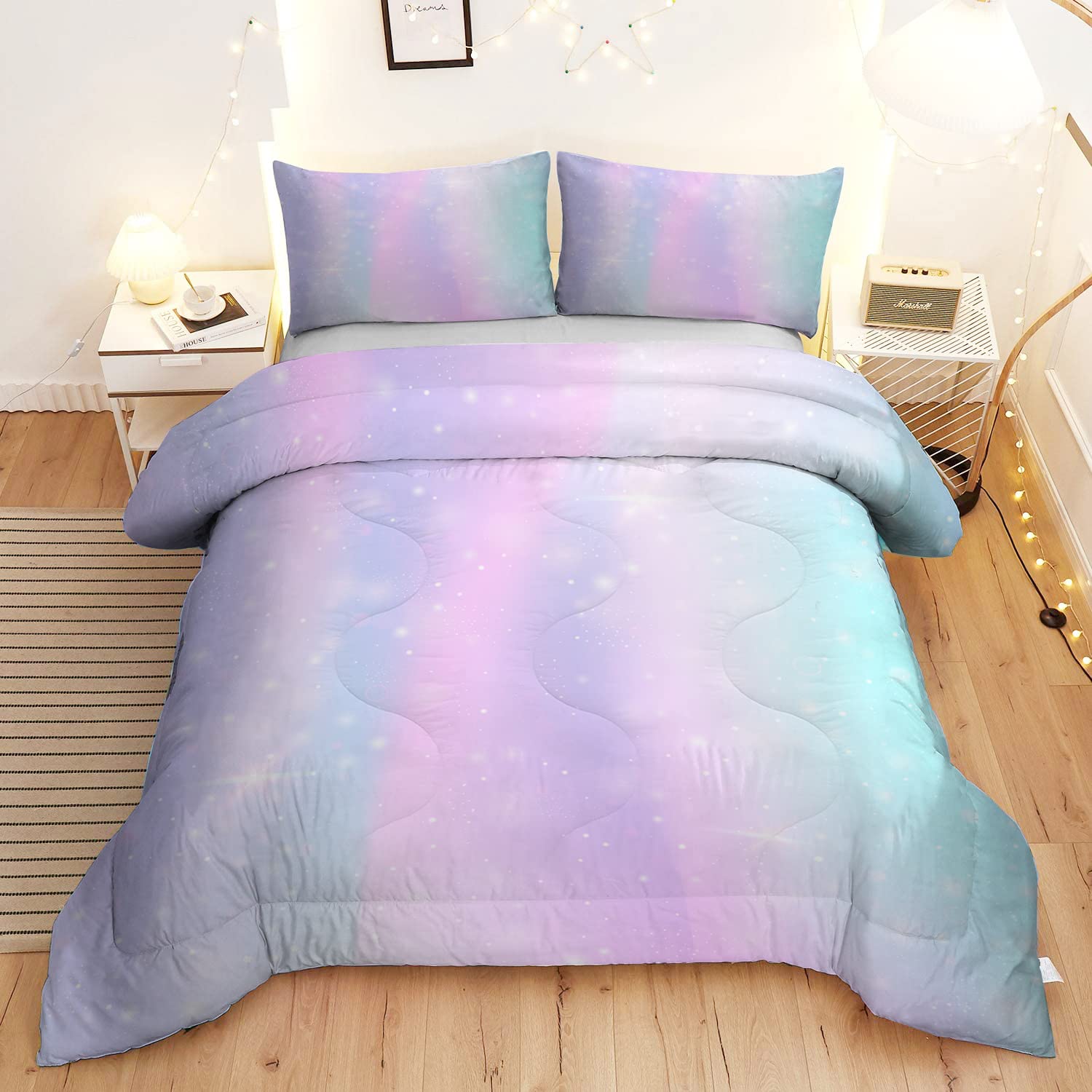 Colorful Girls Comforter Set 3D Rainbow Scales Queen Bedding Set Durable Quilt