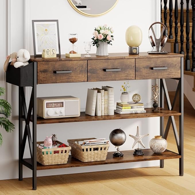 39" Console Table with 2 drawers, Industrial Entryway Table with 3 Tier Storage Shelves,