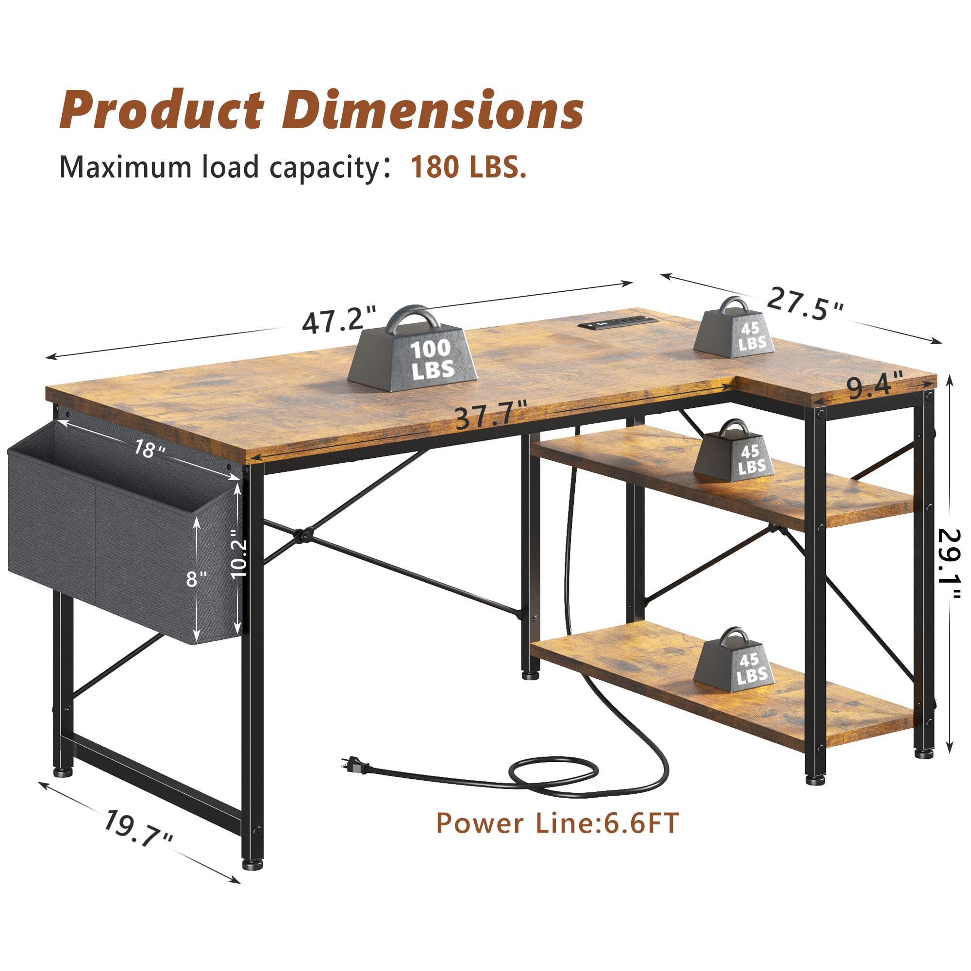 47" Computer Desk with Power Outlets,L Shaped Desk with Storage Shelves