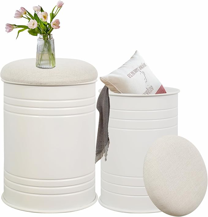Metal Barrel Ottoman Storage Stool Set of 2, Rustic Accent Side Table