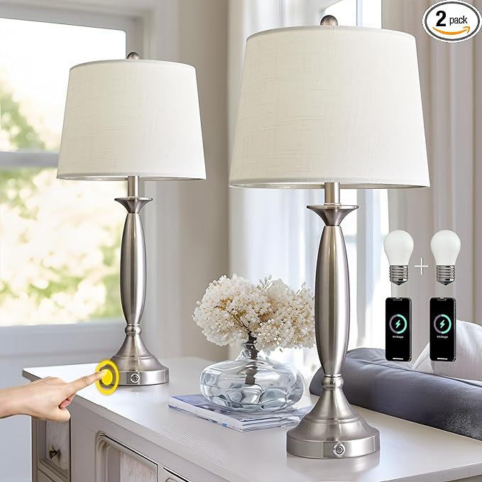 3 Way Dimmable Touch Control USB Table Lamp Set of 2 28“Modern Industrial Metal Bedside