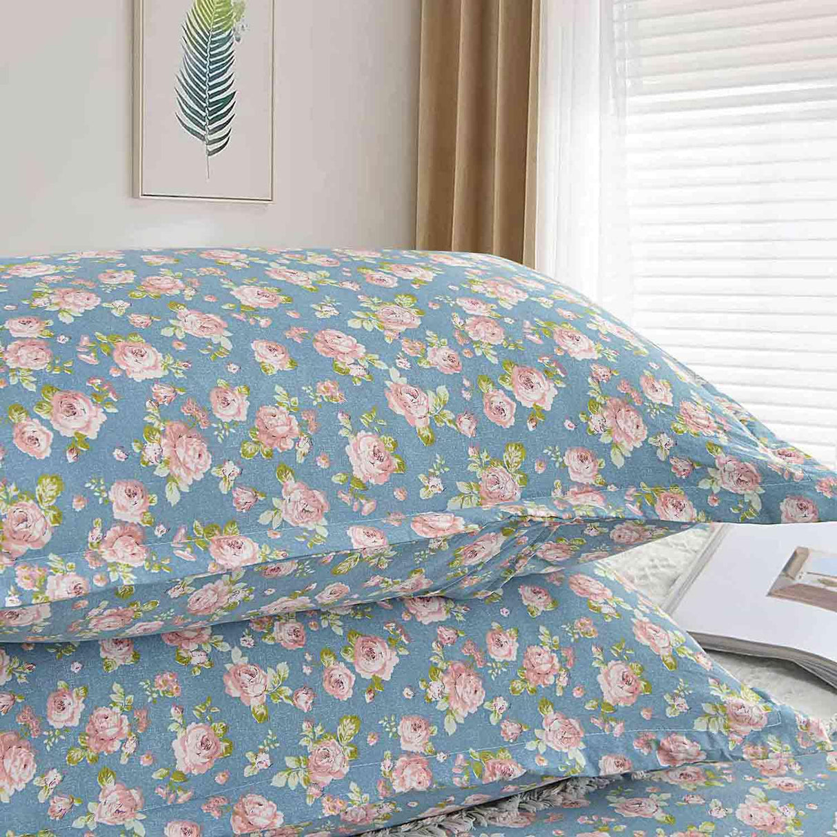 Blue Floral Queen Size Comforter Set, Pink Flower Green Leaf Print Pattern