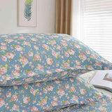 Blue Floral Queen Size Comforter Set, Pink Flower Green Leaf Print Pattern