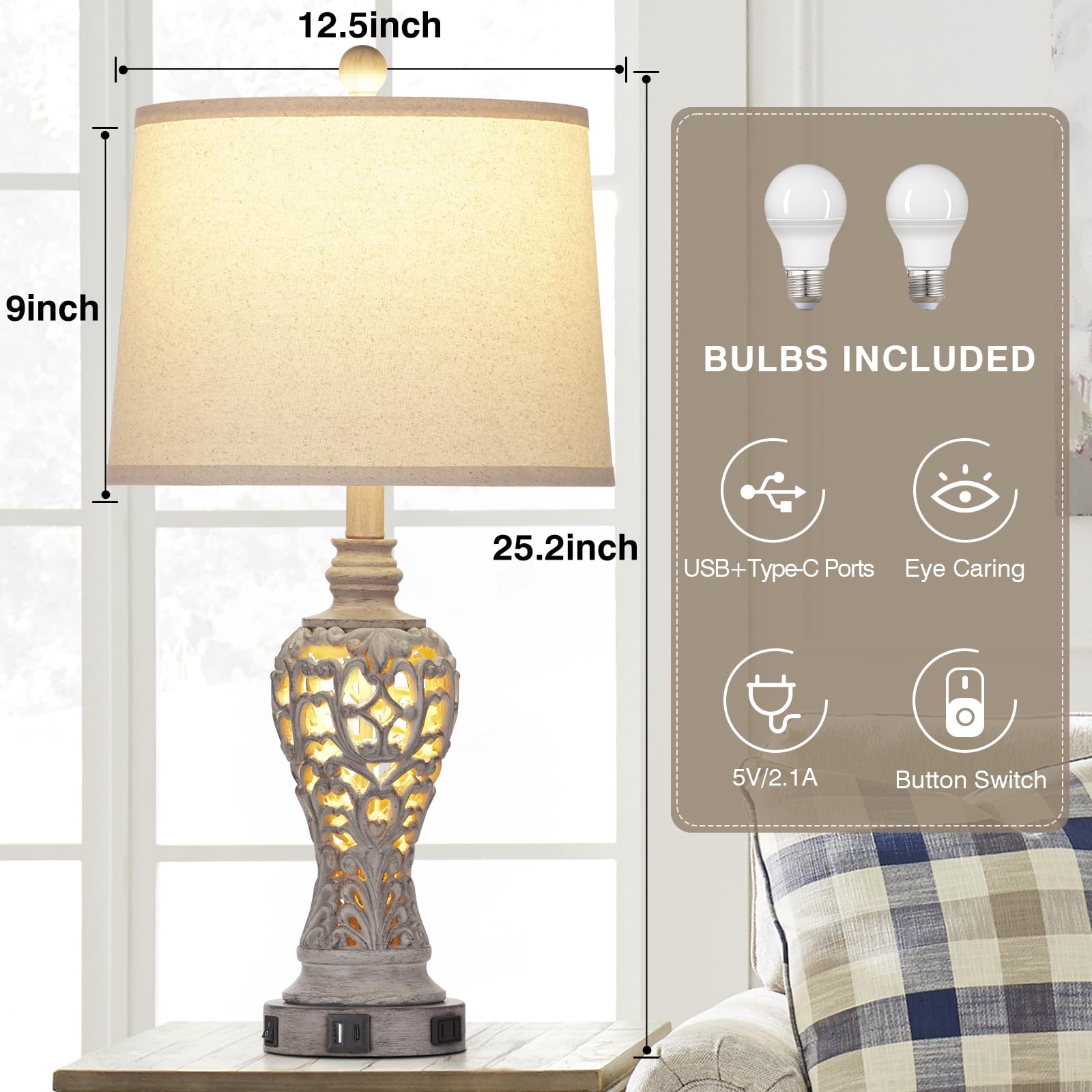 Farmhouse Table Lamps Set of 2 with Nightlight, Rustic Bedside Lamps