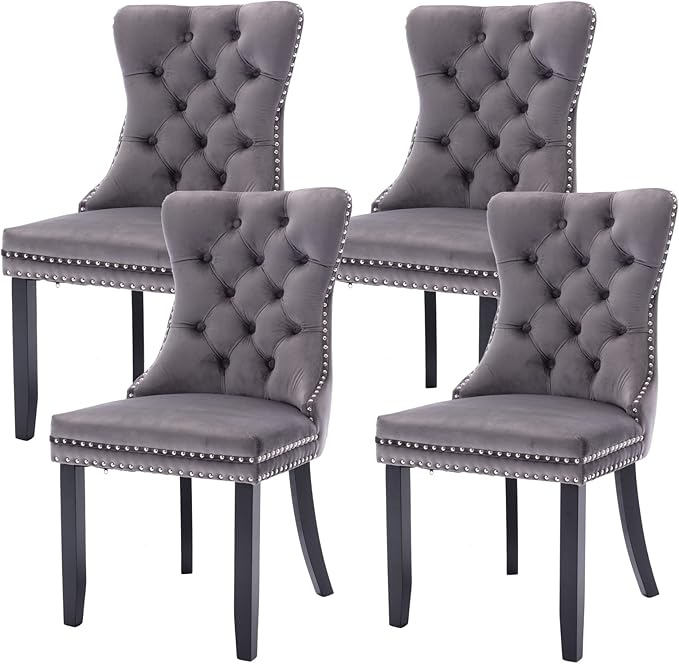 Tufted Dining Chairs Set of 4, Velvet Upholstered Dining Chairs with Nailhead Back and Ring Pull Trim