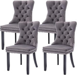 Tufted Dining Chairs Set of 4, Velvet Upholstered Dining Chairs with Nailhead Back and Ring Pull Trim