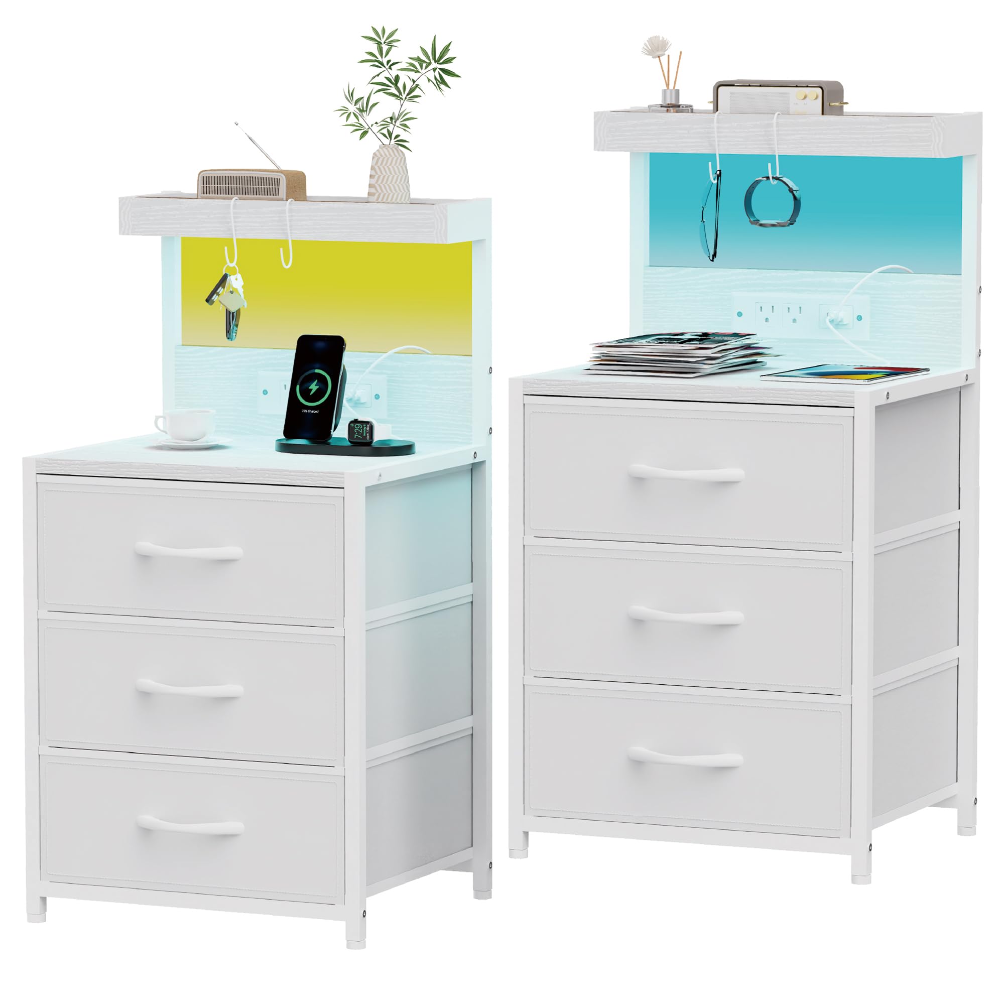 Nightstands Set of 2, LED End Table with 3 Drawers and Type C Charging Station