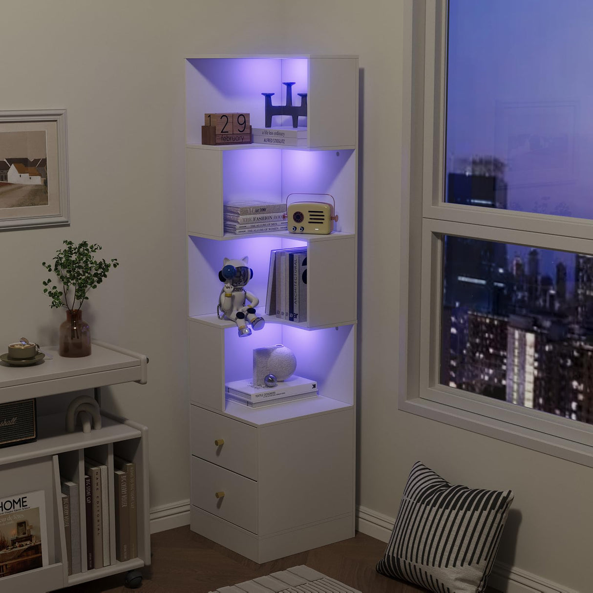 Corner Shelf with Light 5-Tier White Corner Storage Cabinet with Drawers Modern