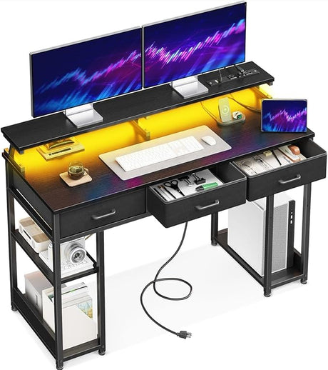 48 inch Computer Desk with 3 Drawers, Gaming Desk with LED Lights & Power Outlets