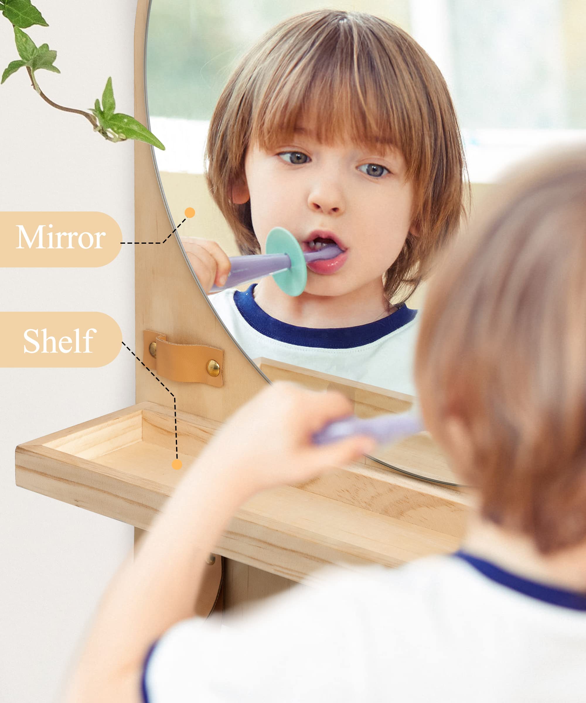 Kids Bathroom Mirror with Shelf, Entryway Home Organizer Arched Wood Boho Storage Mirrors