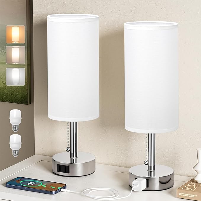 Bedside Table Lamps Set of 2 - 3 Color Temperatures Pull Chain Lamp