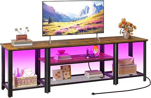 Industrial Metal TV Stand with RGB LED Lights & Power Outlets