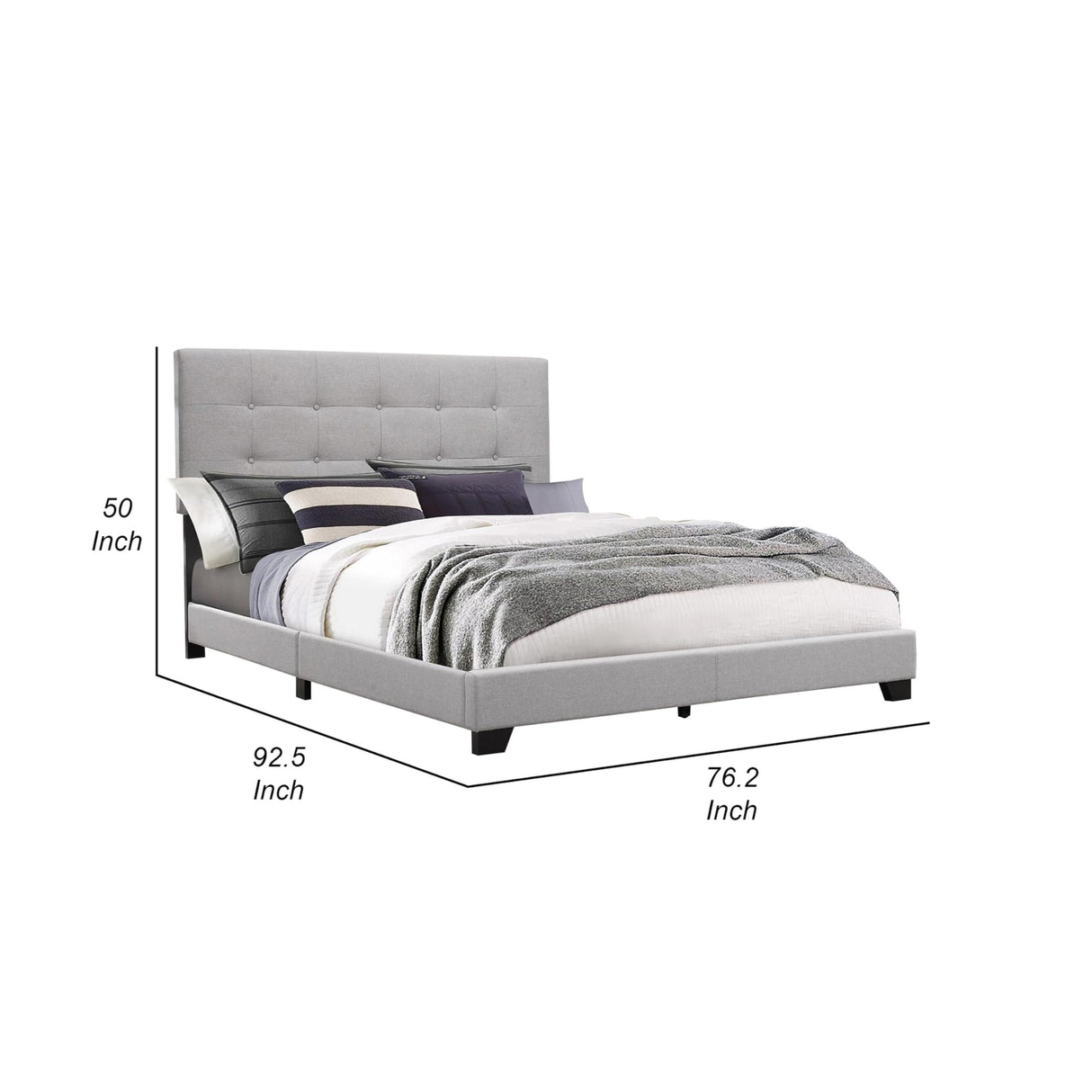 California King Size Bed, Light Button Tufted Upholstery, Gray and Black