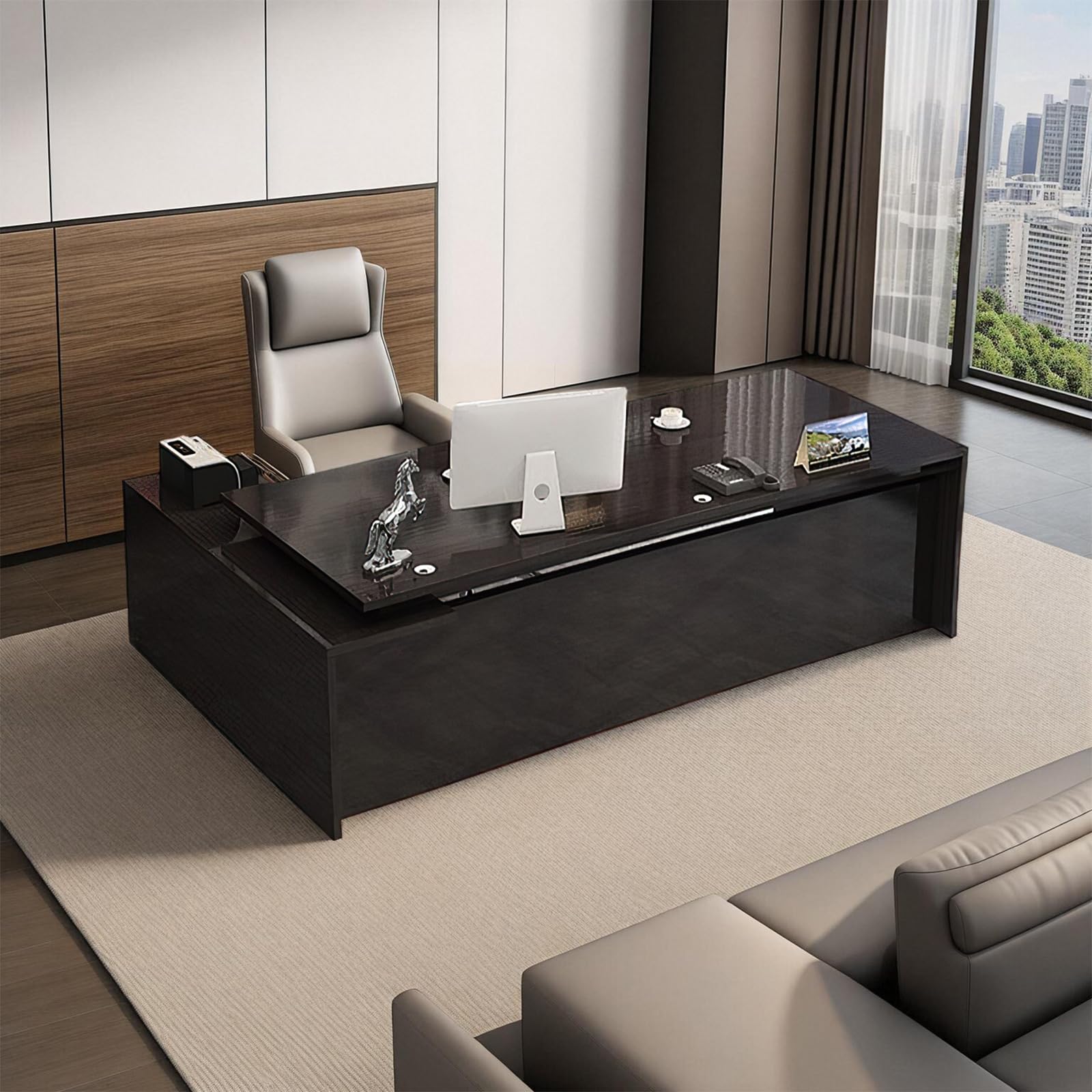 Modern L-Shape Executive Desk with Wood Shelves, Cabinets and Cable Management