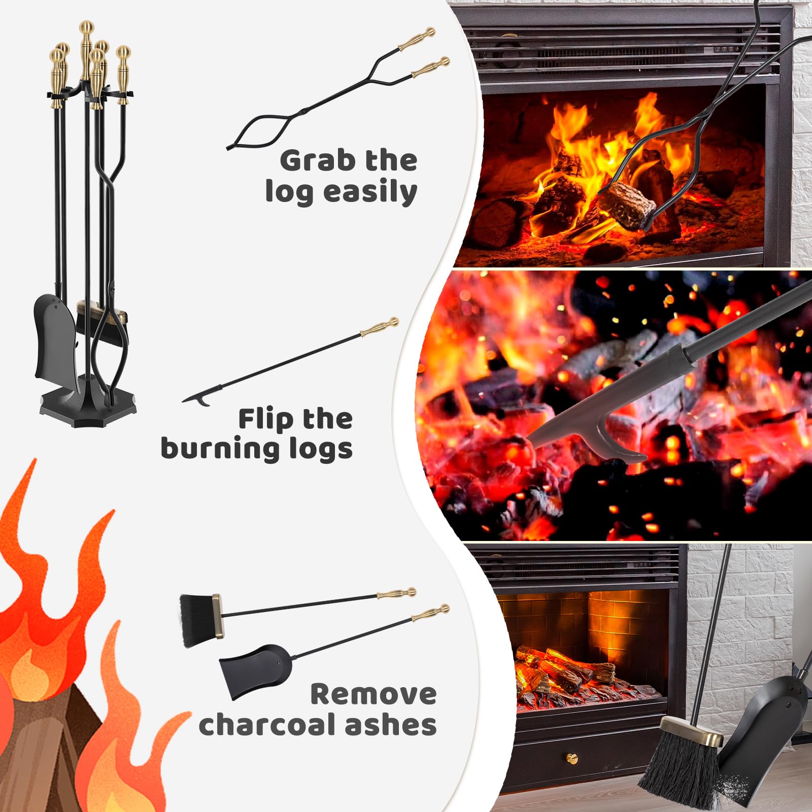 5 Pieces 31In Fireplace Tools Set, Wrought Iron Fireplace Tools with Ergonomic Handle