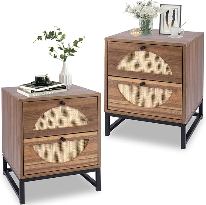 Rattan Nightstand Set of 2,Wood Bedside Table Set of 2 with 2 Drawers