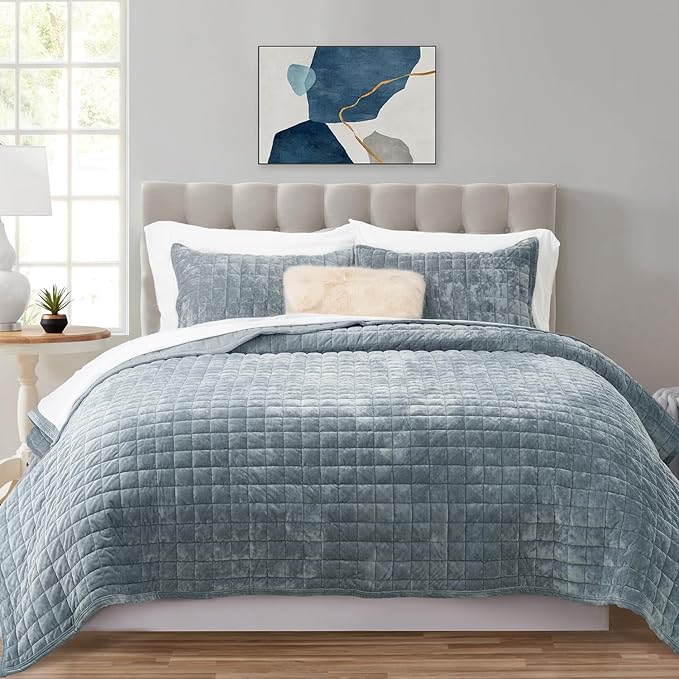 Luxury Velvet Quilt King Size, Ultra Soft Velvet Bedding Sets, Lightweight Quilted Velvet