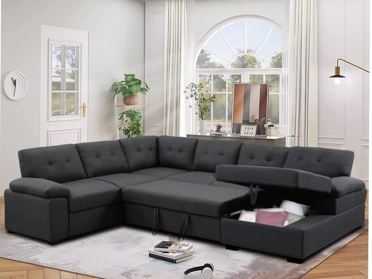 Sleeper Sofa Couch Modular Sectional Sofa Sleeper with Pull Out Bed 6 Seater Sleeper Couch with Storage U Shaped Sofa Bed Couch for Living Room, Dark Grey