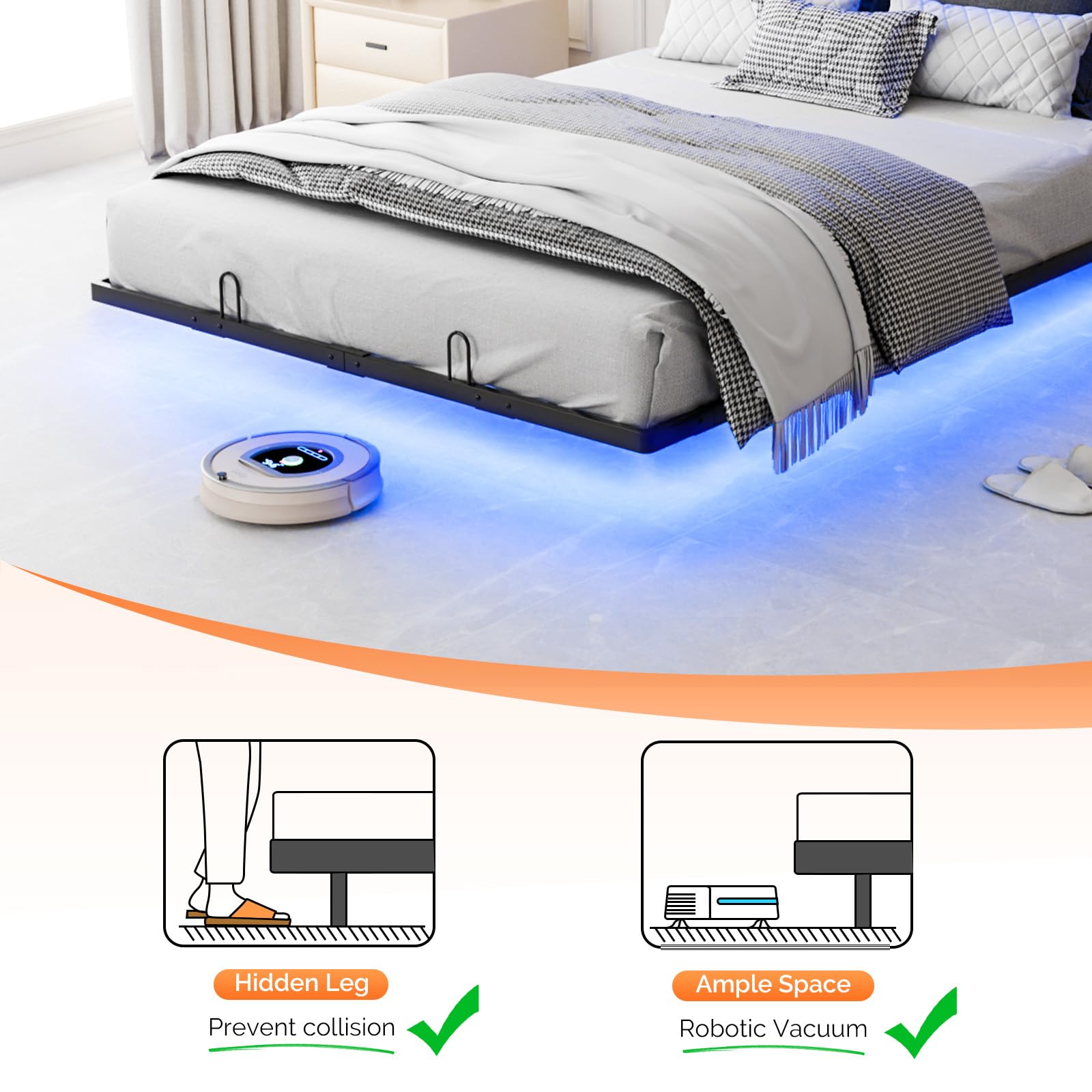 Queen Floating Bed Frame with Charging Station & RGB LED Lights