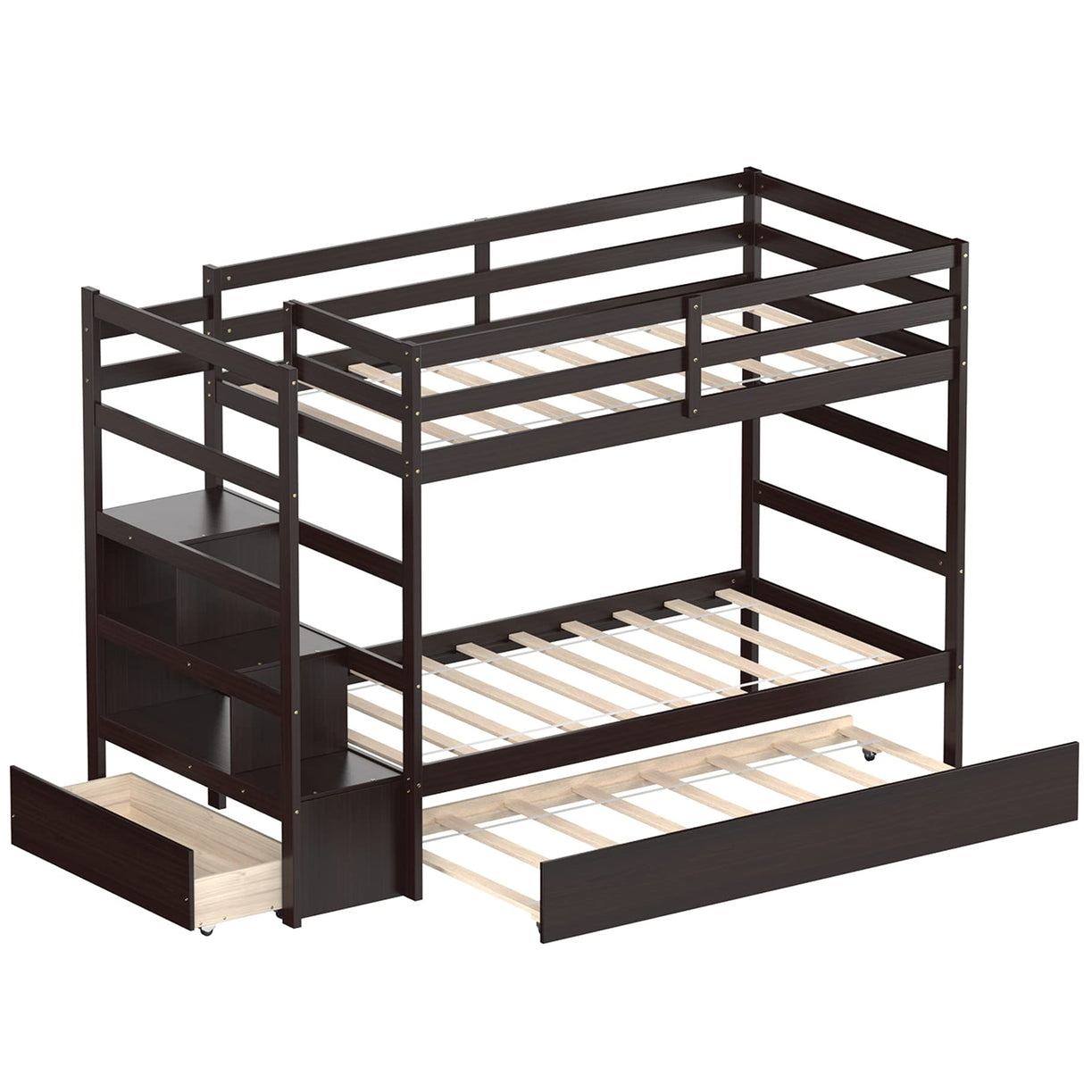 Twin Over Twin Bunk Bed with Trundle & Storage Stairs, Wooden Bunk Bed Frame with Storage Shelves & Drawer, Trundle Bunk Bed Frame with Guardrails, No Spring Box Required (Espresso)