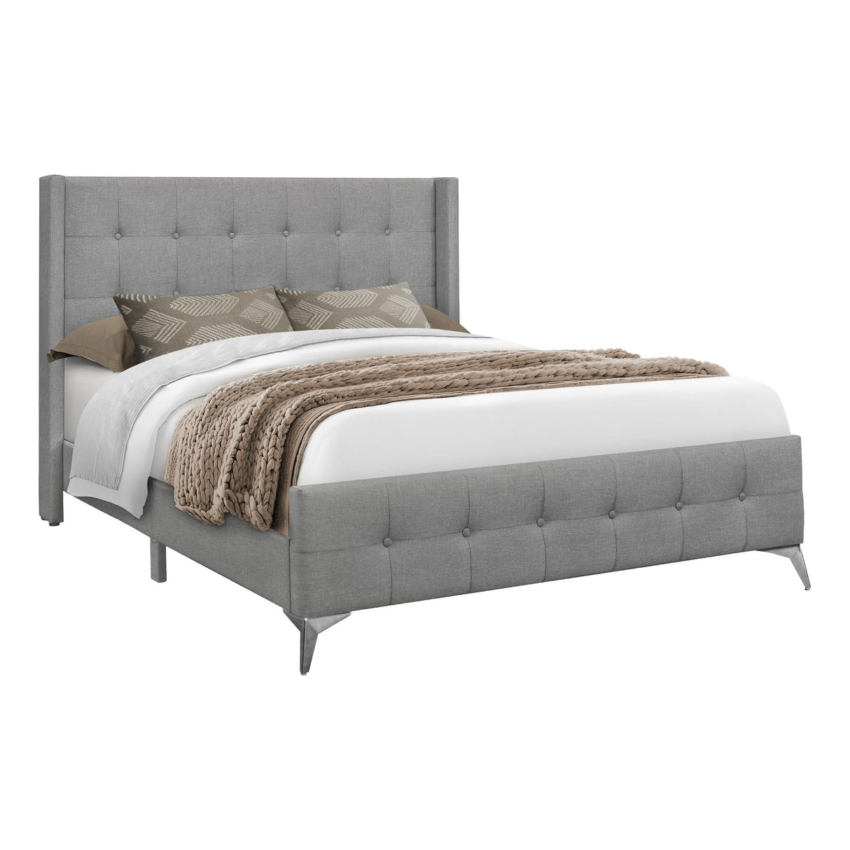 I 6040Q Bed, Frame, Platform, Bedroom, Queen Size, Upholstered, Linen Look Fabric