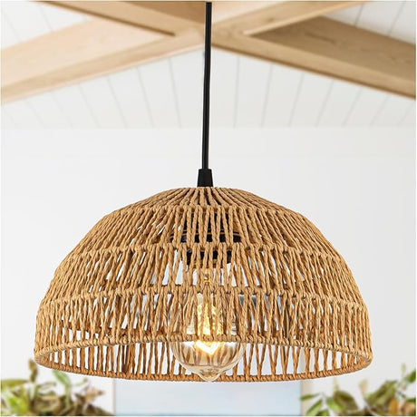 Farmhouse Rattan Pendant Light Fixture Vintage Boho Hand-Woven Bamboo Pendant