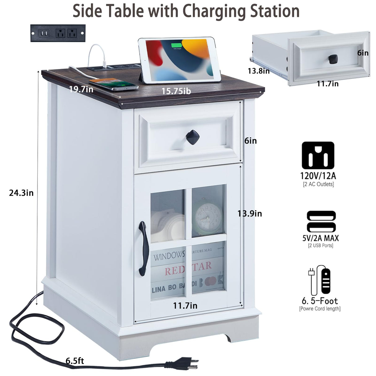 Farmhouse XXL End Table with Charging Station, Side Table with USB Ports and Outlets