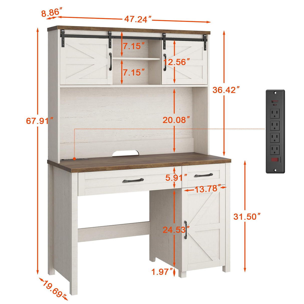 Farmhouse 47" Desk, Executive I-Shape with 3 Drawers, Storage Cabinet, Hutch