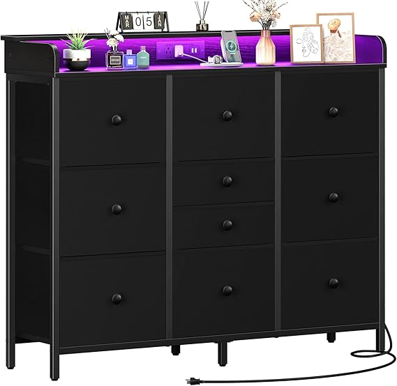 Dresser for Bedroom with Charging Station and LED Lights, Tall Dresser TV Stand With 10 Storage Drawers,Fabric White Dressers & Chests of Drawers,Wood Dresser for Kids Bedroom Closet Organizer