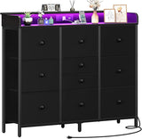 Dresser for Bedroom with Charging Station and LED Lights, Tall Dresser TV Stand With 10 Storage Drawers,Fabric White Dressers & Chests of Drawers,Wood Dresser for Kids Bedroom Closet Organizer