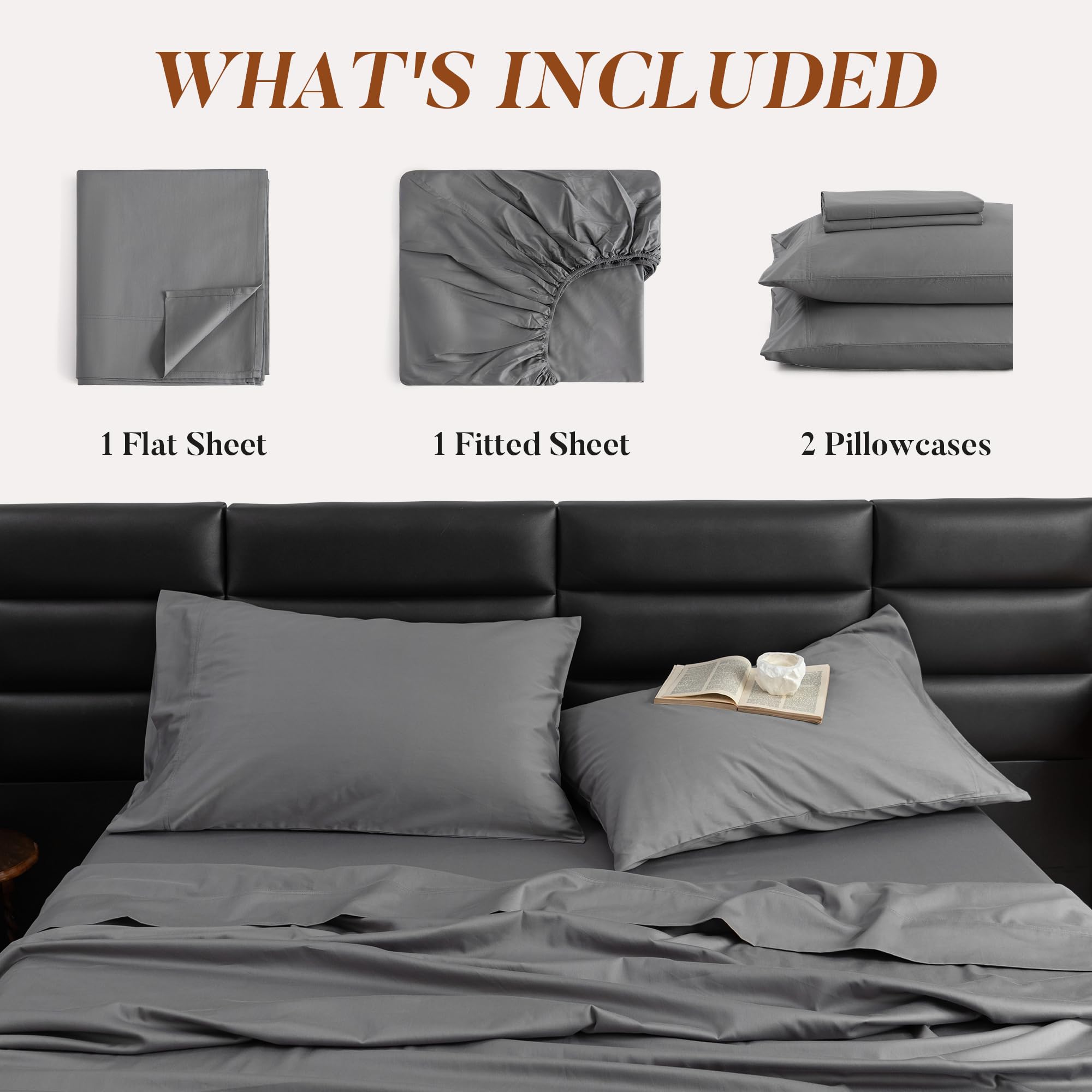 Gray Cotton Queen Size Sheet Set - Sateen Weave 4 Piece 600 Thread Count Bedding Set