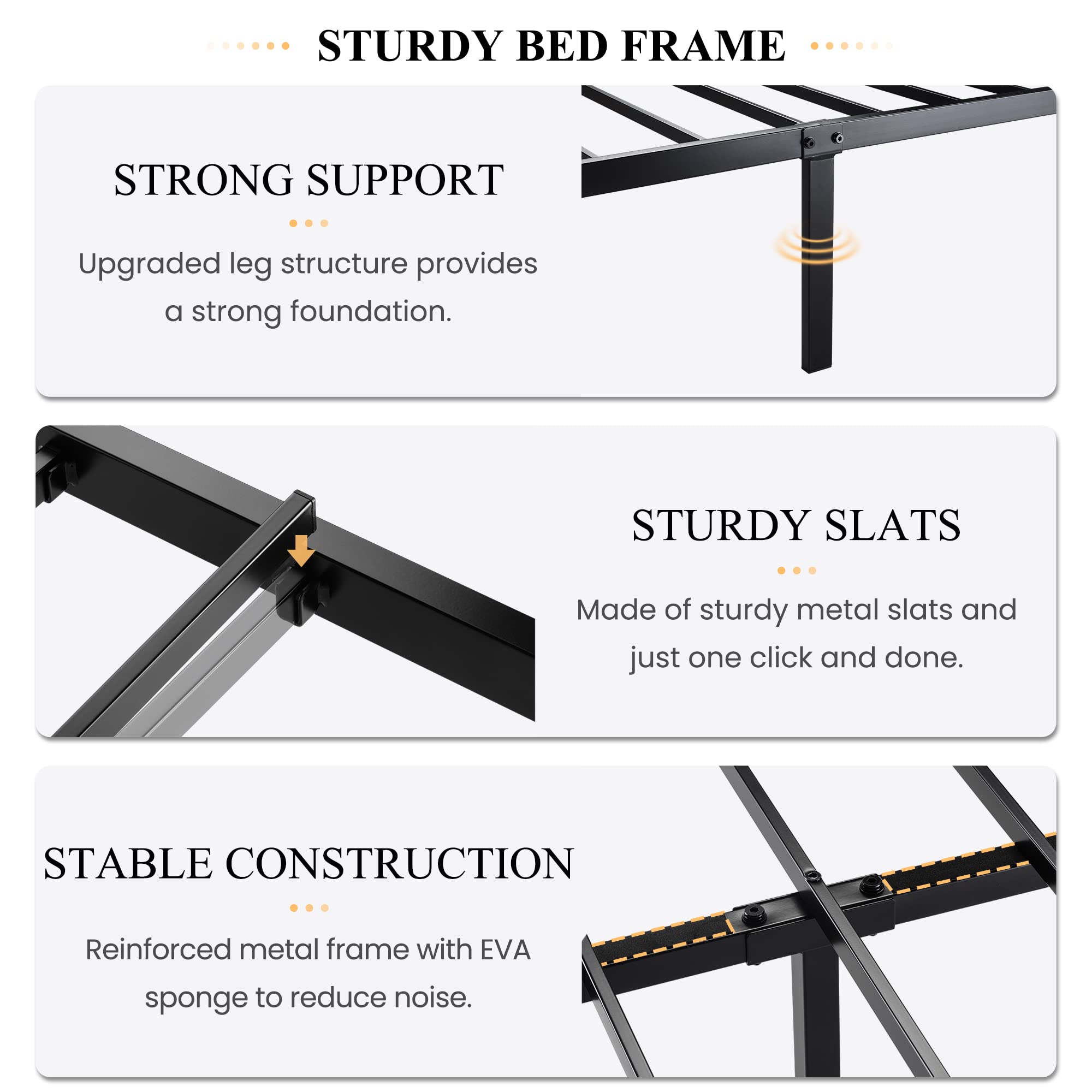 SHA CERLIN Modern Queen Size Metal Bed Frame with Litchi Grain Leather Upholstered Headboard, No Box Spring Needed, 12.4" Underbed Storage, Black