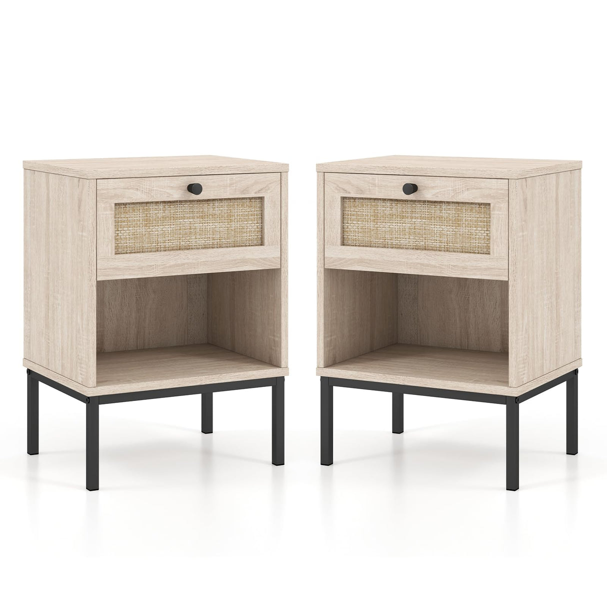 Rattan Nightstands with Drawer Set of 2, Boho Side Tables with 4 Metal Legs and Open