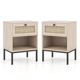 Rattan Nightstands with Drawer Set of 2, Boho Side Tables with 4 Metal Legs and Open