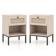 Rattan Nightstands with Drawer Set of 2, Boho Side Tables with 4 Metal Legs and Open