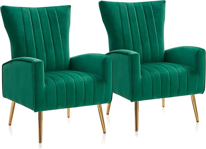 Accent Chairs for Living Room, Modern Wingback Vanity Chair Upholstered Arm Chair High Back Accent Chair with Metal Legs, Armrests for Living Room Bedroom- Kinsley (Green)