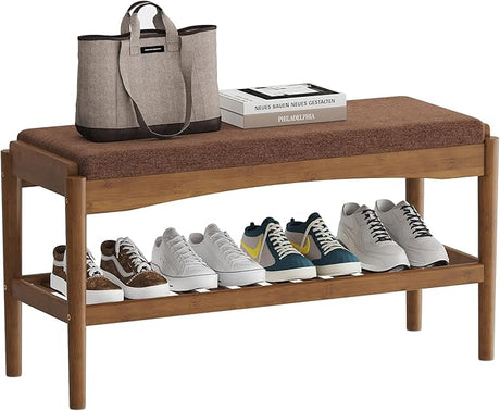 Shoe Bench Entryway Bamboo 2-Tier Shoe Rack with Cushion Padded Seat Shoe Bench Organizer