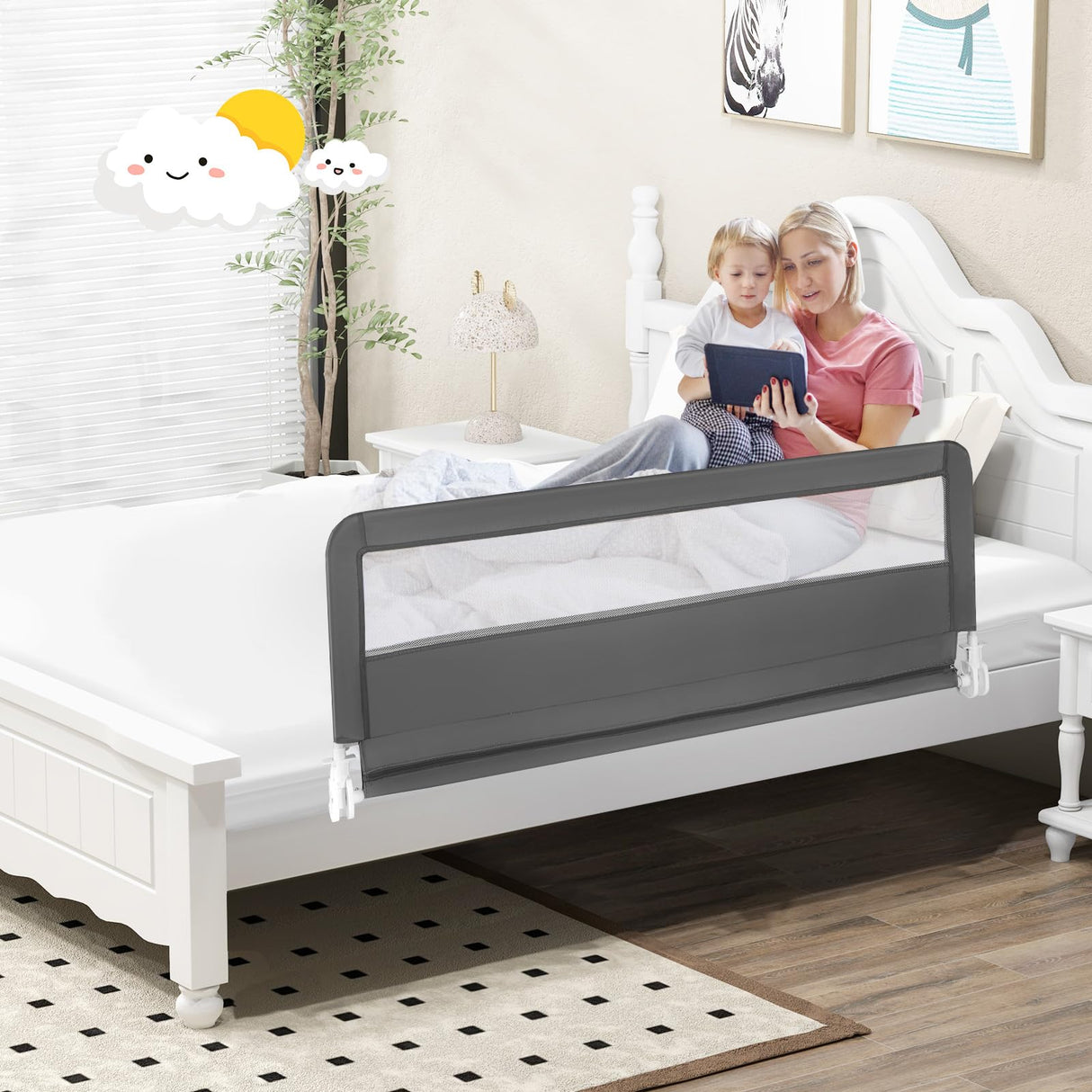 BABY JOY Bed Rails for Toddlers, 59‘’ Extra Long, Upgraded Swing Down Bed Guard w/Safety Straps, Folding Baby Bedrail for Kids Twin, Double, Full Size Queen & King Mattress (Gray, 59-Inch)