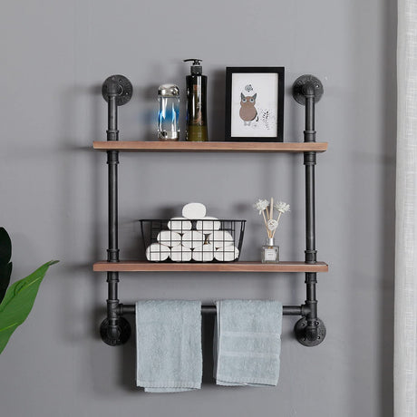 Industrial Pipe Shelving Bathroom Floating Shelves Wall Mounted, 2 Tier 24 inch Rustic Wood Shelf