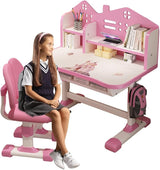 Chair Set,Kids Study Desk Chair Set,Height Adjustable Children's Desk and Chair School Study Table Chair,Ergonomic Desk Chair with Writing Board,Bookshelf Drawer (Pink-)