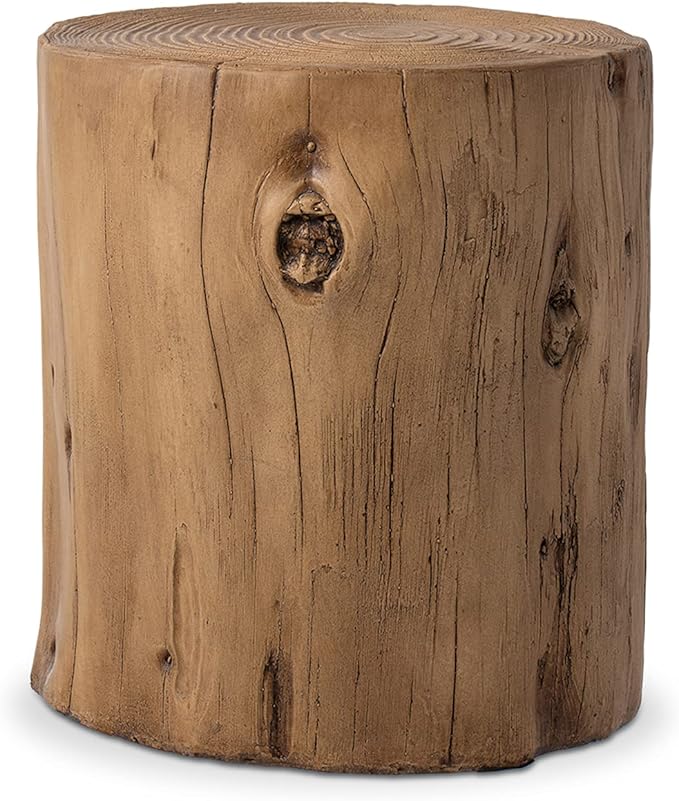 2 Pieces Outdoor Antique Beige Side Table Faux Wood, Hand-Painted Wood Stump Stool