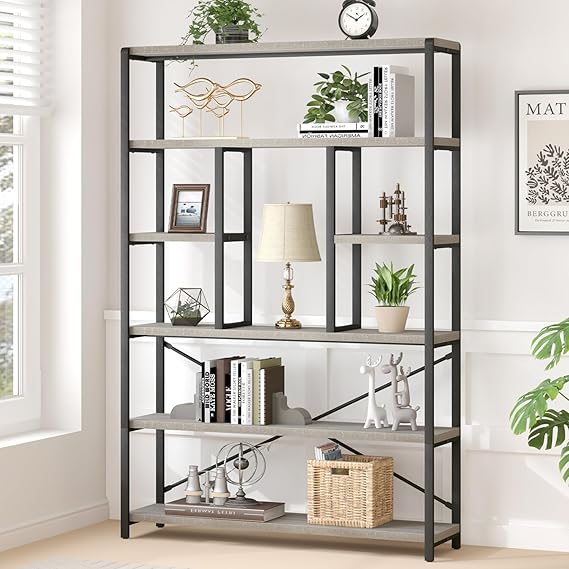 6 Tier Tall White Bookshelf, Big Metal Wooden Book Shelves Storage