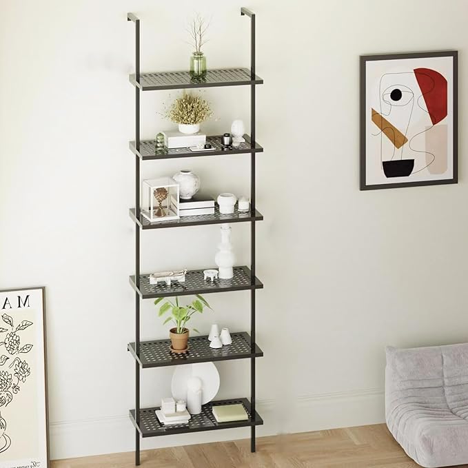 Bookshelf 6-Tier Industrial Ladder Shelf,Brown Shelves Wall Mounted Bookshelf Open Storage Rack Display Shelf Plant Stand for Living Room Kitchen Home Office Bedroom