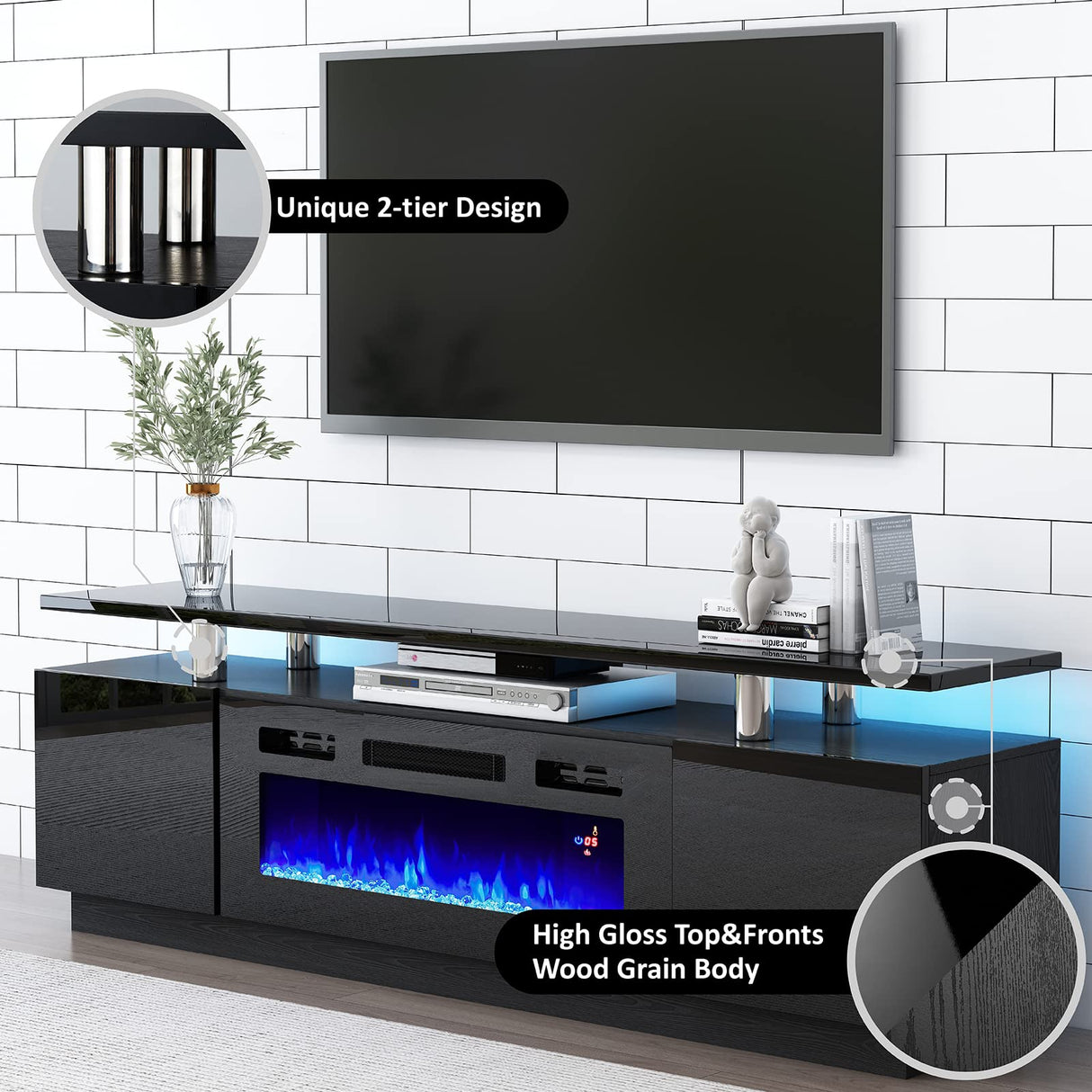 110" Large Fireplace TV Stand Set with 36" Electric Fireplace, includes 70" 2-Tier