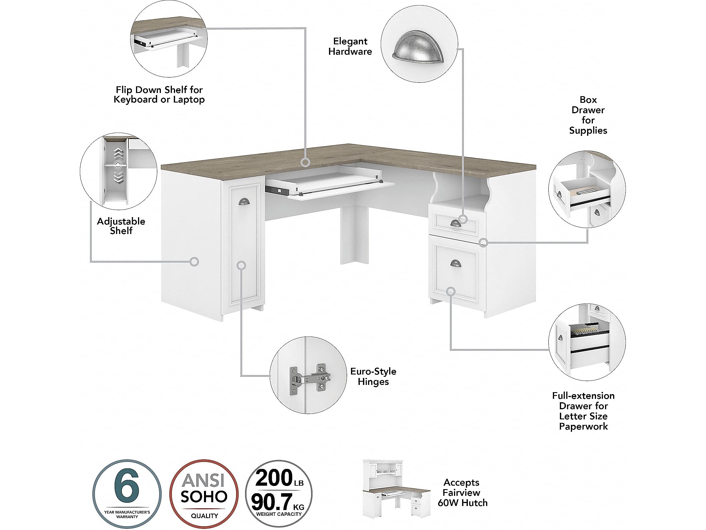 L-Shaped Desk with Hutch, Drawers & Storage
