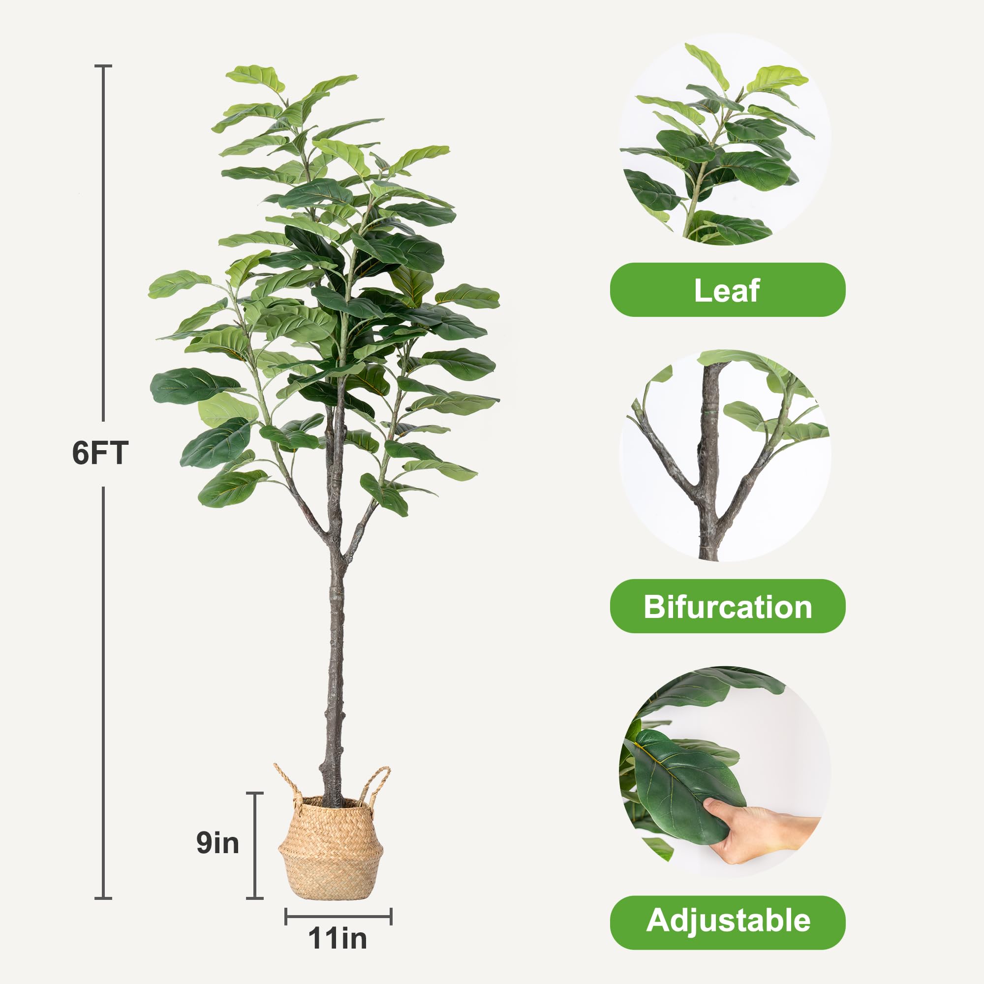 Artificial Fiddle Leaf Fig Tree - 6ft Fake Ficus Lyrata Plant
