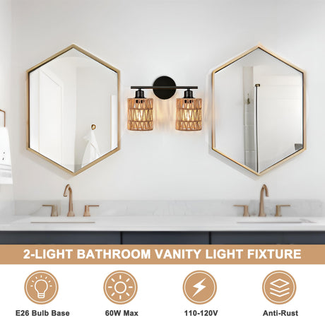 Merbotin 2 Light Rattan Vanity Light Boho Vanity Lighting Fixture Woven Bathroom Vanity Wall Light Coastal Tropical Bathroom Light, Rustic Natural Style Wall Mount Light for Bedroom Kitchen