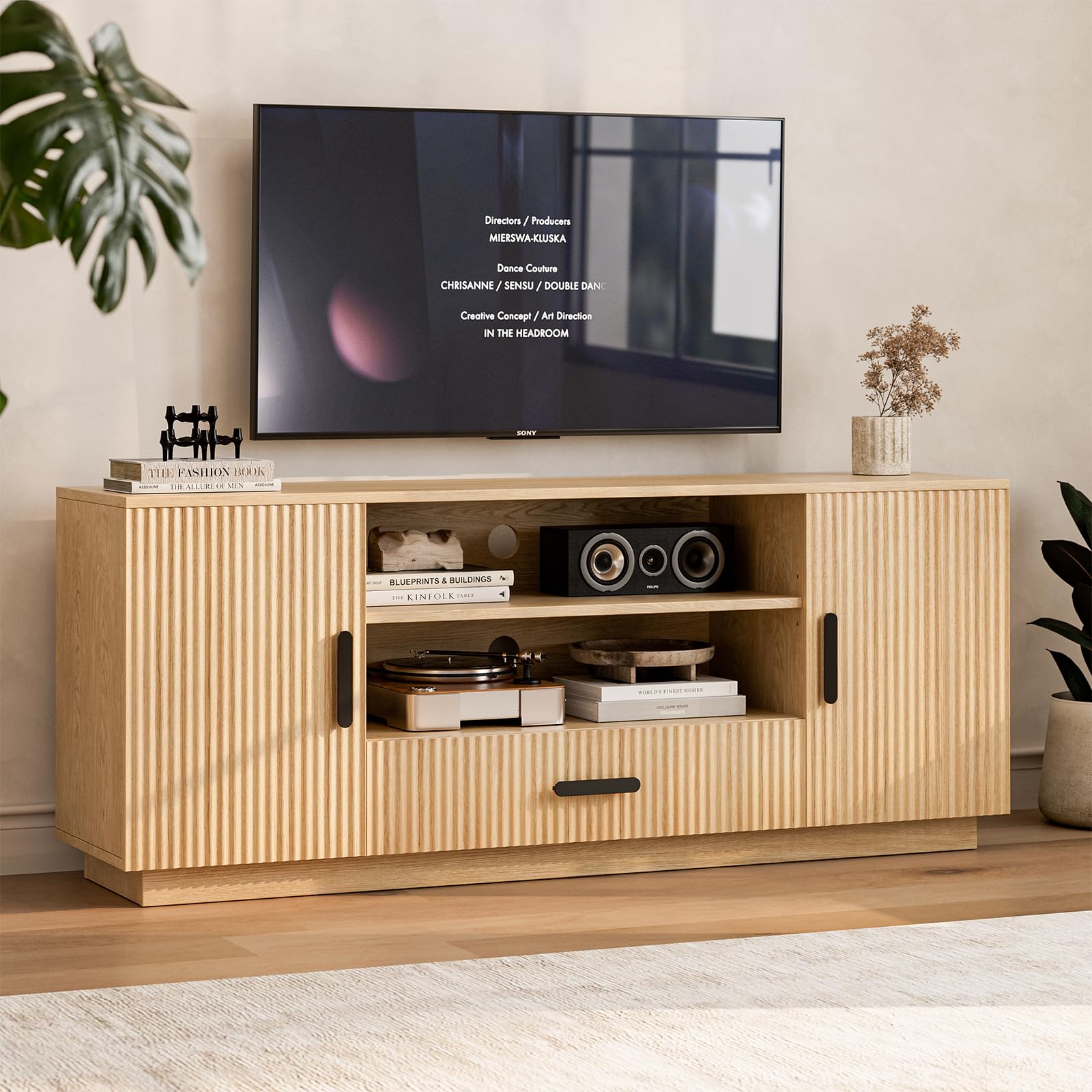 Modern Fluted TV Stand for 55-70 Inch TVs with Storage