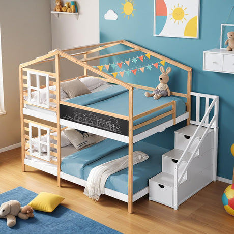 House Bunk Bed Full over Full with Storage Staircase&Blackboard, Wood Stairway Kids Bunk Bed