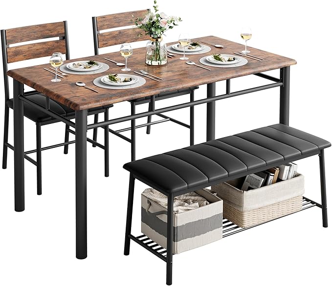 Table Set for 4, Kitchen Table with Upholstered Bench and 2 Chairs, Kitchen Table